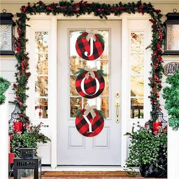 Joy Sign Christmas Wreath for Front Door, Buffalo Plaid Christmas Decorations - Picture 2 of 6
